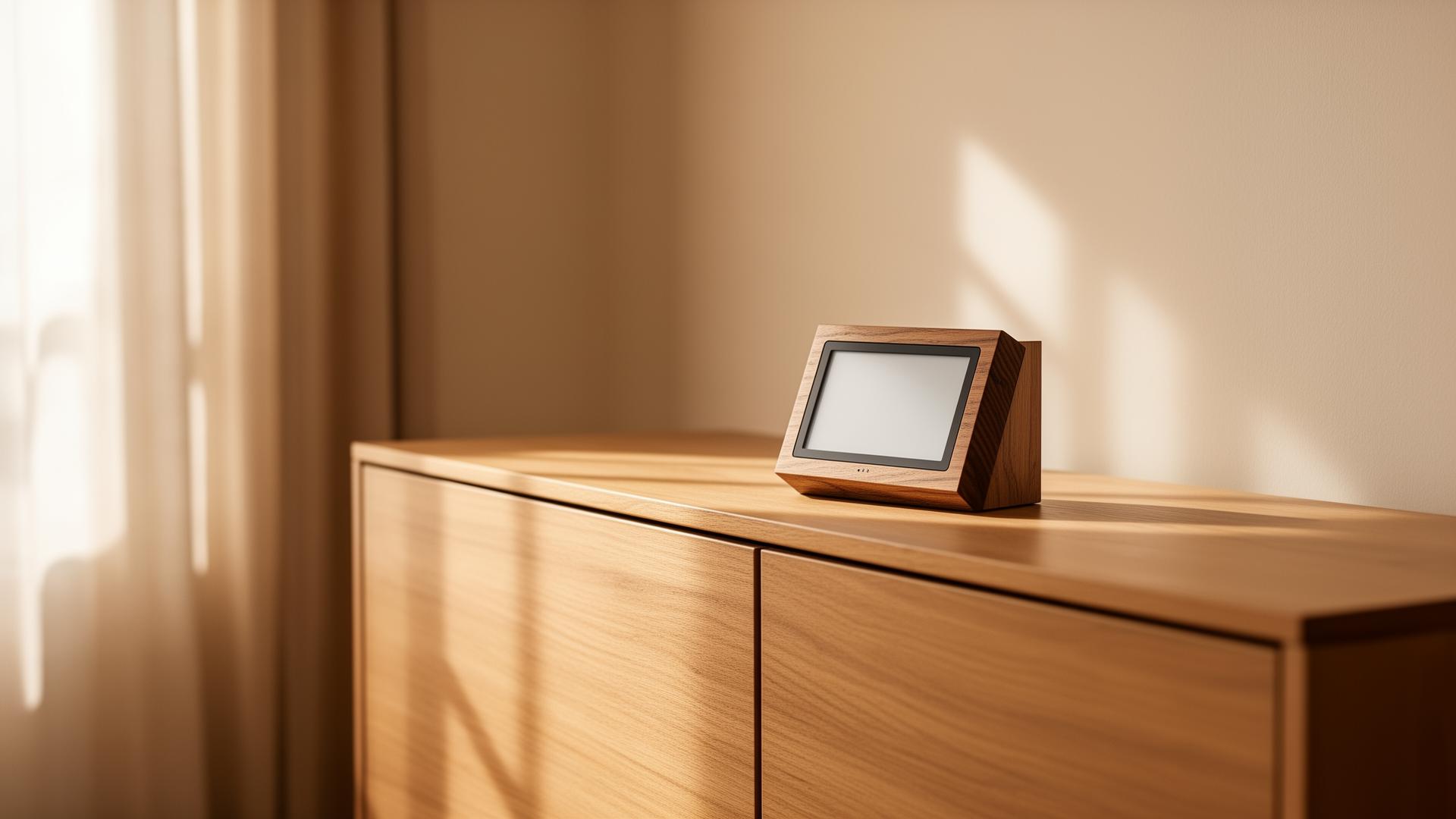 Boîtier en bois Silène avec écran e-ink, posé dans un intérieur chaleureux